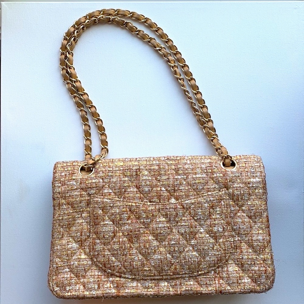 Vintage 🤎 CHANEL RARE Metallic Gold Silver Tweed Quilted 2.55 Double Flap Bag - Picture 5 of 16